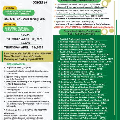 APPLY FOR PROFESSIONAL MEMBERSHIP & CERTIFICATION (Cohort 60 – 2026)